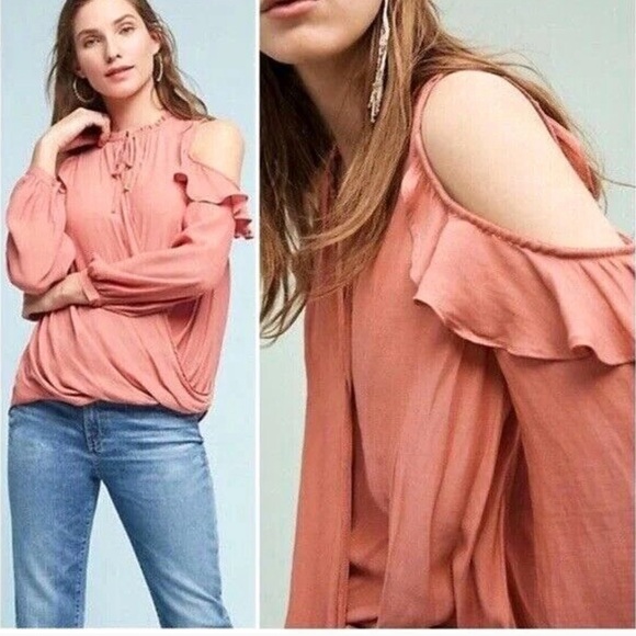 Anthropologie Maeve Liesel Blouse Cold Shoulder Ruffle Top Rose - Picture 3 of 4